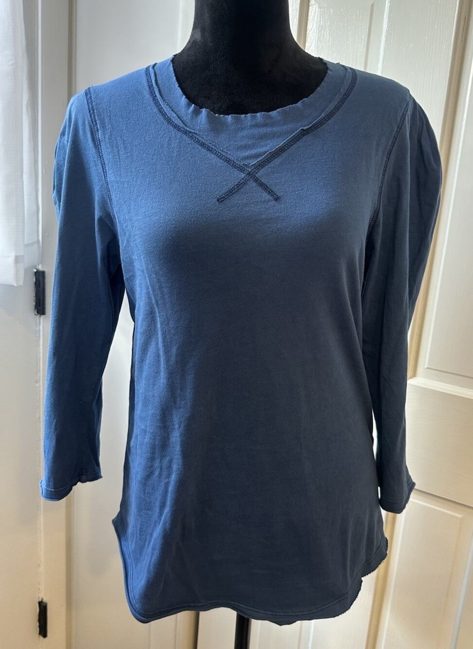 Free People We The Free Clover Puff Shoulder Top Blue Cotton 3/4 Sleeve Medium